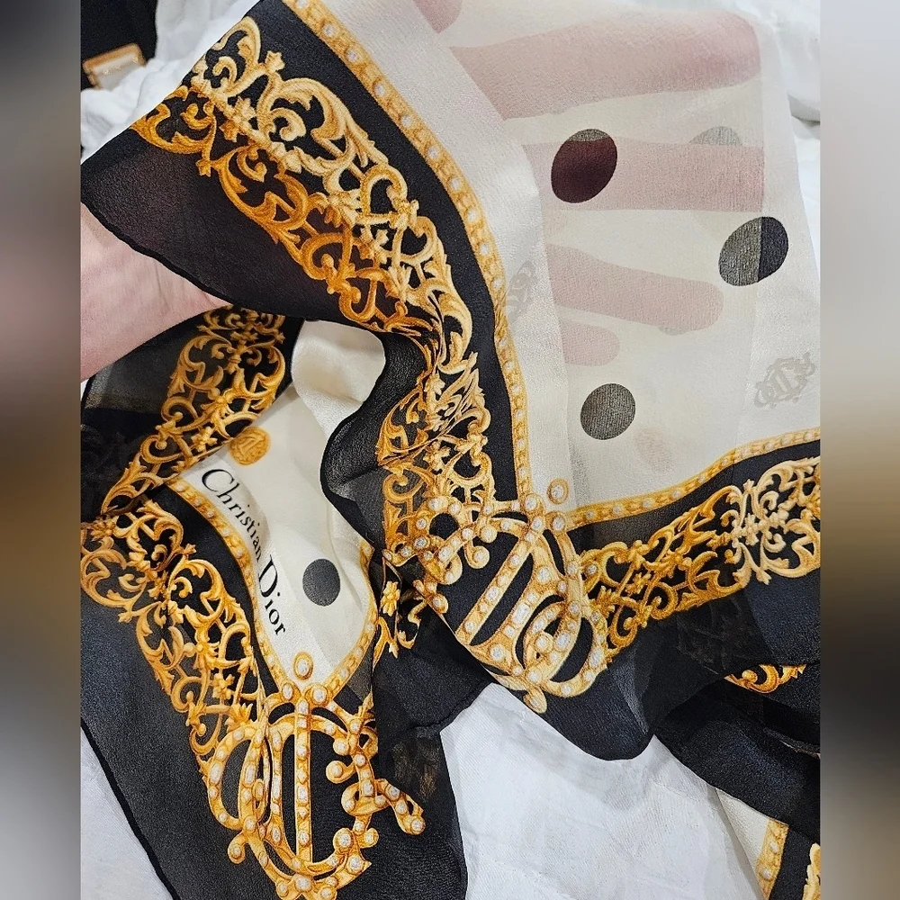Christian Dior Vintage Emblem Logo Polka Dot Pattern Silk Scarf + Dior Hard Box